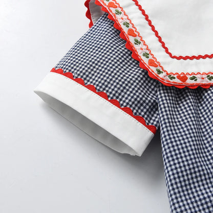 Vintage Dress Girls Kids Boutique Embroidery Square-cut Collar Plaid Dresses Girl Children Seven Sleeves Frocks Casual Clothing