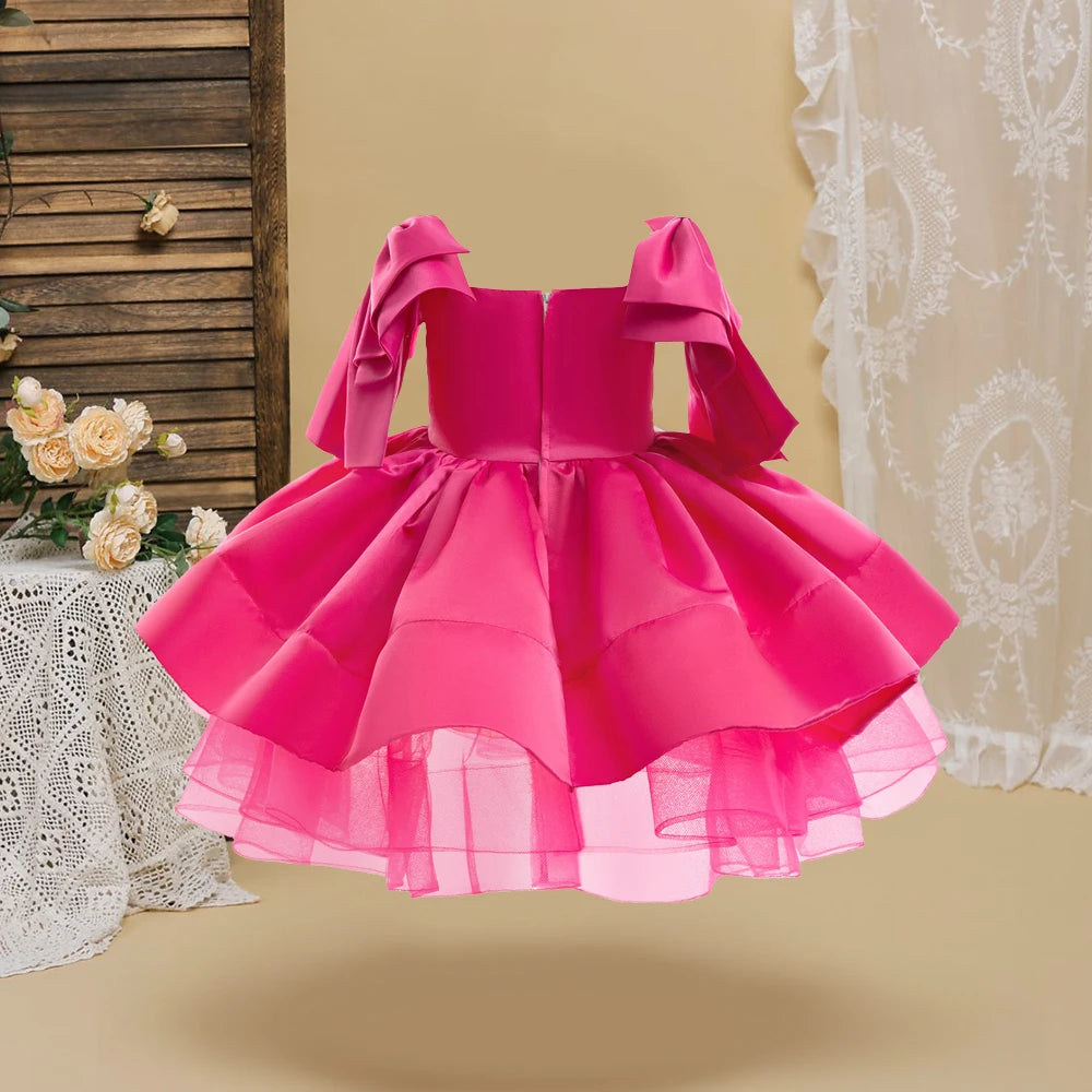 Fashion Big Bow Girls Party Dress Formal Pink Wedding Bridesmaid Birthday Princess Dresess for Girl Gala Christmas Kids Clothes