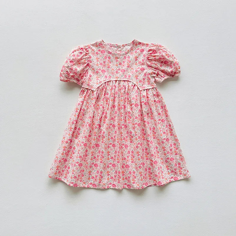 2025 Summer Kids Girls Dresses Short Sleeve A Line Girls Dresses Floral Print Pleated Dress For Girl