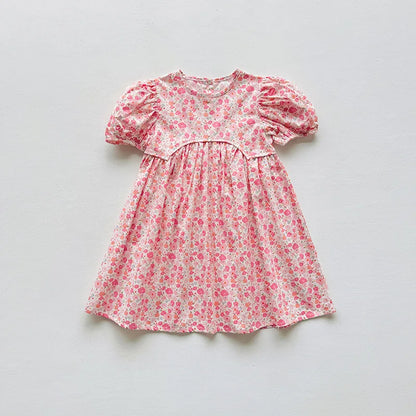 2025 Summer Kids Girls Dresses Short Sleeve A Line Girls Dresses Floral Print Pleated Dress For Girl
