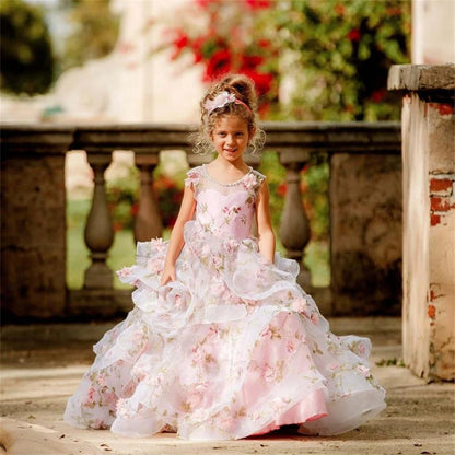 Customized Flower Girl Dresses For Weddings Pink Sleeveless Ruffled Tiered Princess Pageant Gowns Party Tulle Kid Prom Dress