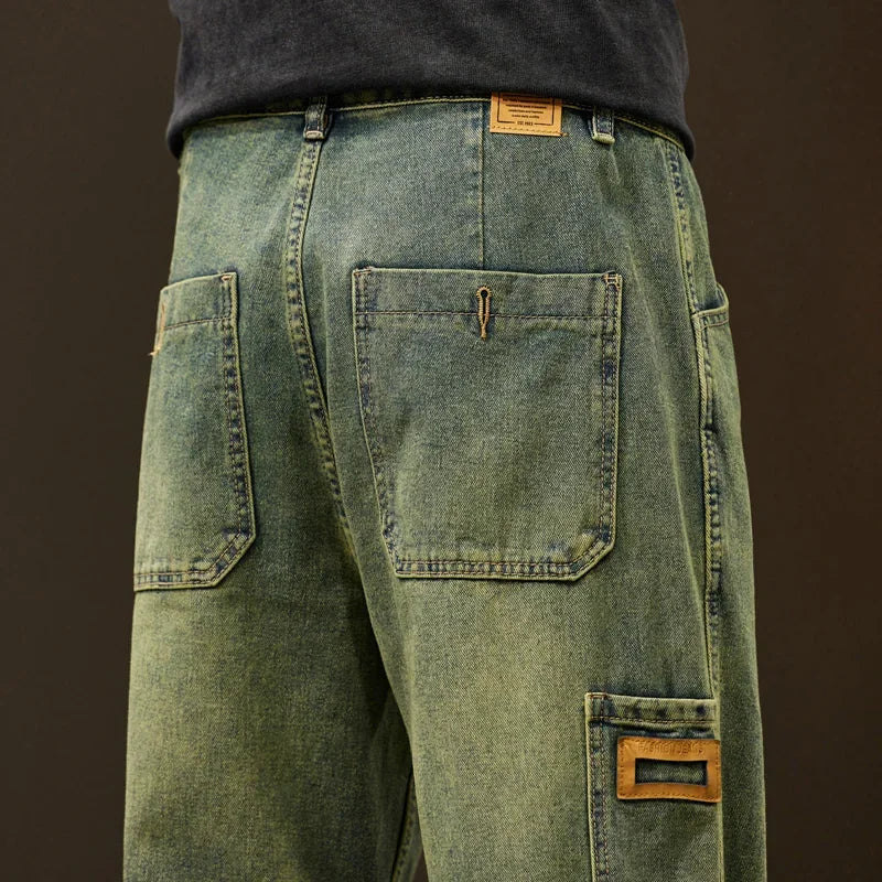 Jeans Men Baggy Pants Wide Leg Spring Straight Loose Fit Blue Green Denim Pants Streetwear Fashion Pockets Vintage Man Clothes