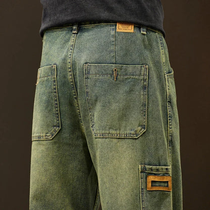 Jeans Men Baggy Pants Wide Leg Spring Straight Loose Fit Blue Green Denim Pants Streetwear Fashion Pockets Vintage Man Clothes