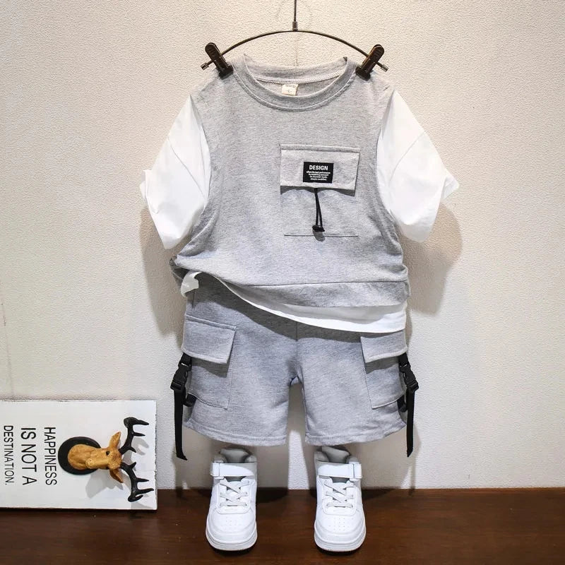 Kids Boys Summer Suit New Fashion Children's Baby Handsome Short Sleeve Top Shorts 2-Piece Boys' Casual Clothing Set (Available)