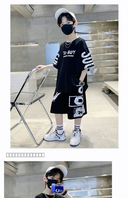Boys Summer Trendy Casual Sports 2pcs T-shirts+Pants Suits 3-14 Years Teenage Boys Hip Hop Style Fashion Outfits Clothes Sets