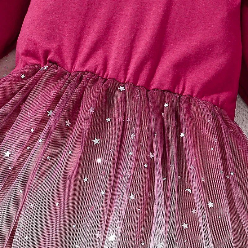 4-6-year-old girl's dress in spring and autumn is sweet and lovely, round neck and long sleeve stitching, star printing gauze he