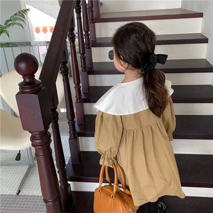 Girl Dress Spring 2023 New Retro Van Doll Pointed Collar Girl's Dress Long Sleeve Khaki Princess Dress Sweet Casual Dress