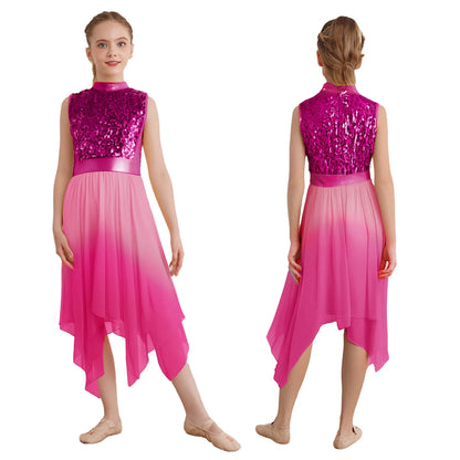 Girls Liturgical Worship Praise Dance Dress Contemporary Lyrical Dancewear Sleeveless Sequins Bodice Asymmetrical Tunic Dresses
