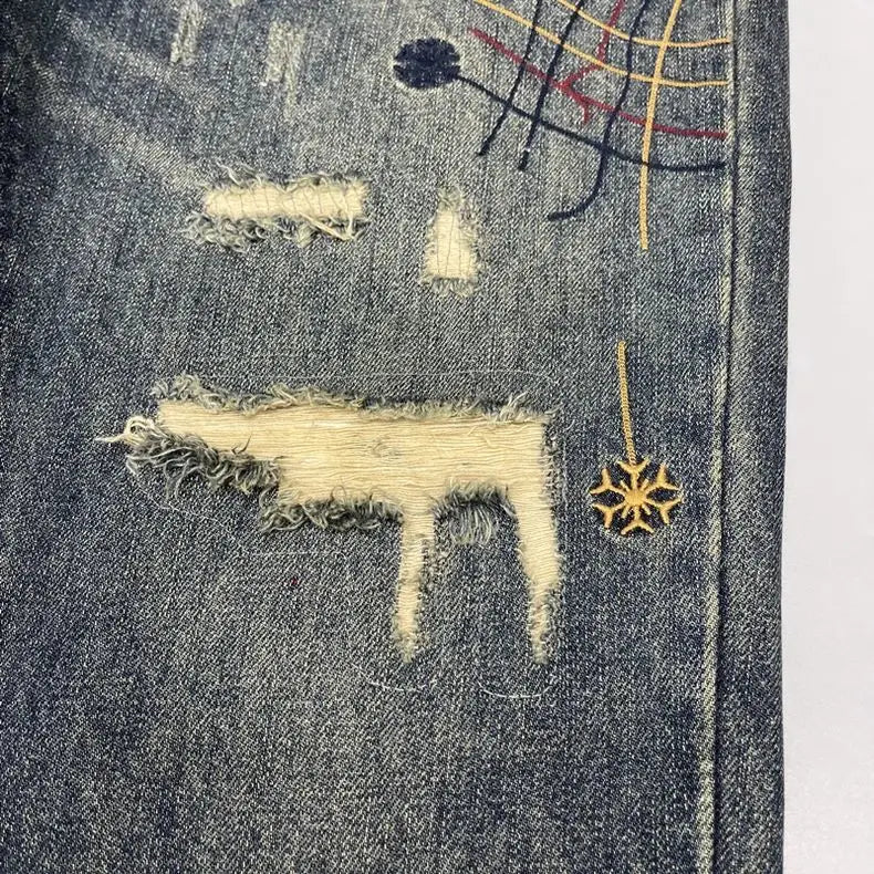Washed Distressed Patched Embroidered Jeans Men's Small Straight Leg Pants High Street Ruff and Handsome Pants Trendy