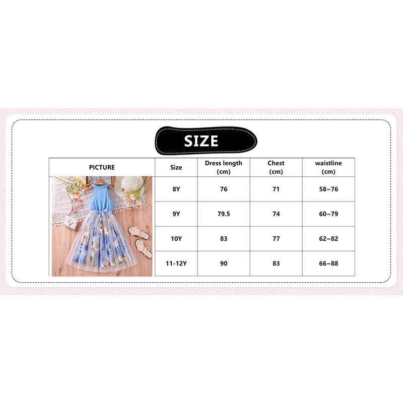 Kids Dress For Girls 8-12 Years Summer Girls Blue Printed Tulle Dress Elegant Fashion Temperamental Princess Dress For Kids