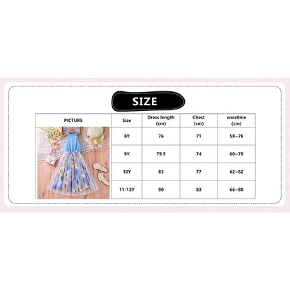 Kids Dress For Girls 8-12 Years Summer Girls Blue Printed Tulle Dress Elegant Fashion Temperamental Princess Dress For Kids