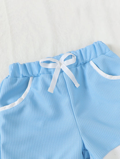 Summer Preppy Baby Boys Light Blue Matching Suit Polo Lapel Commuter Short Sleeve + Pocket Shorts Two-Piece Set