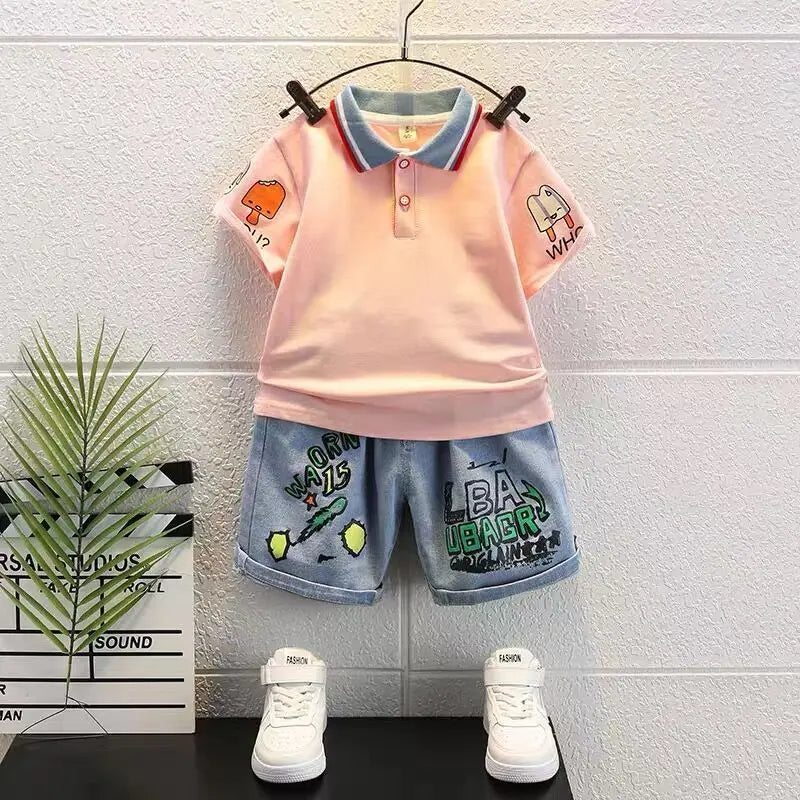 Boys 2025 Summer Outfit T-Shirt and Jeans Korean Polo Fashion 2PCS Casual Clothing Korean Reviews Top Toddler Kids Clothes Sets (Available)