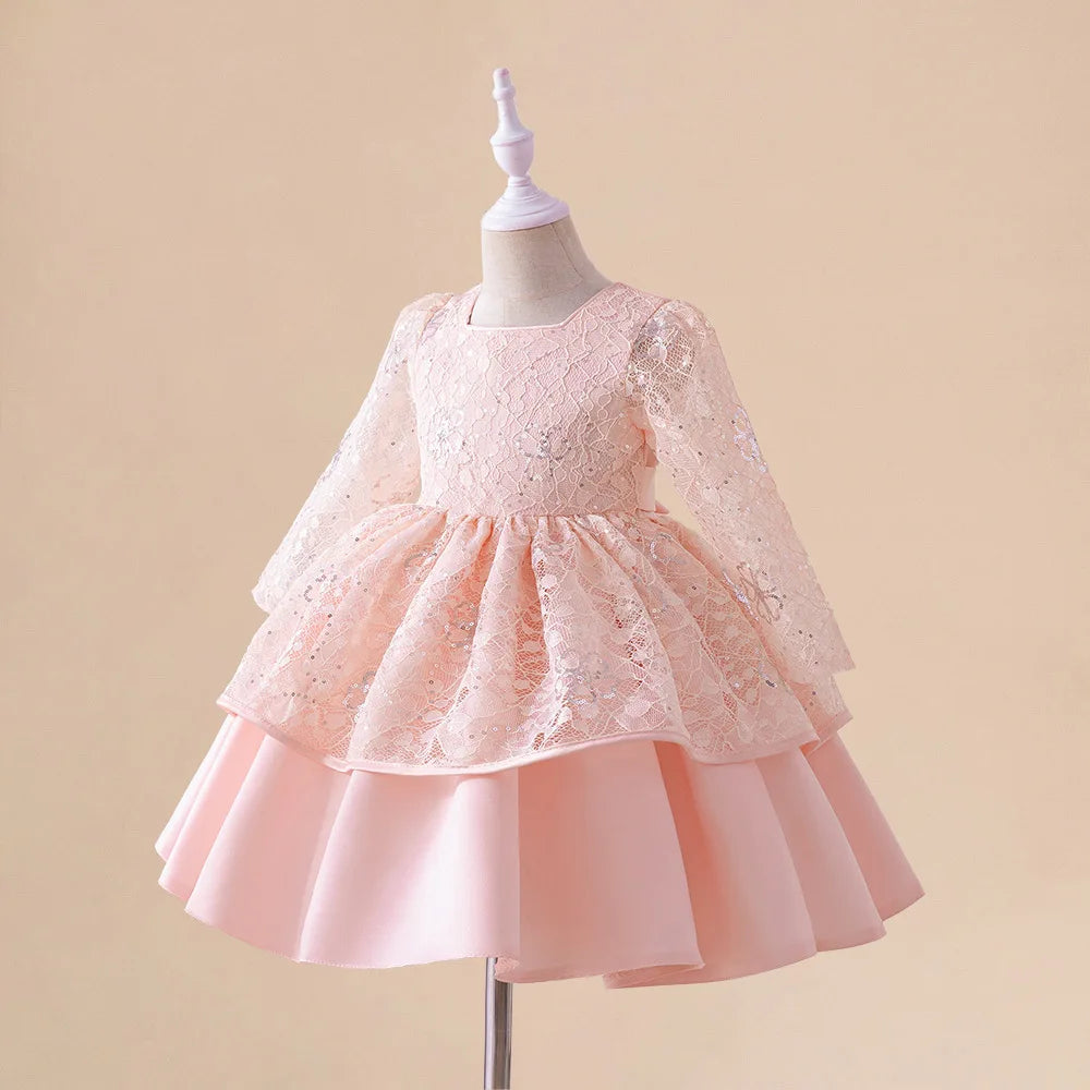 Kids Wedding Party Dresses Girls Bow White Flower Long Sleeved Costume Clothes Children Birthday Princess Gown Evening Vestidos