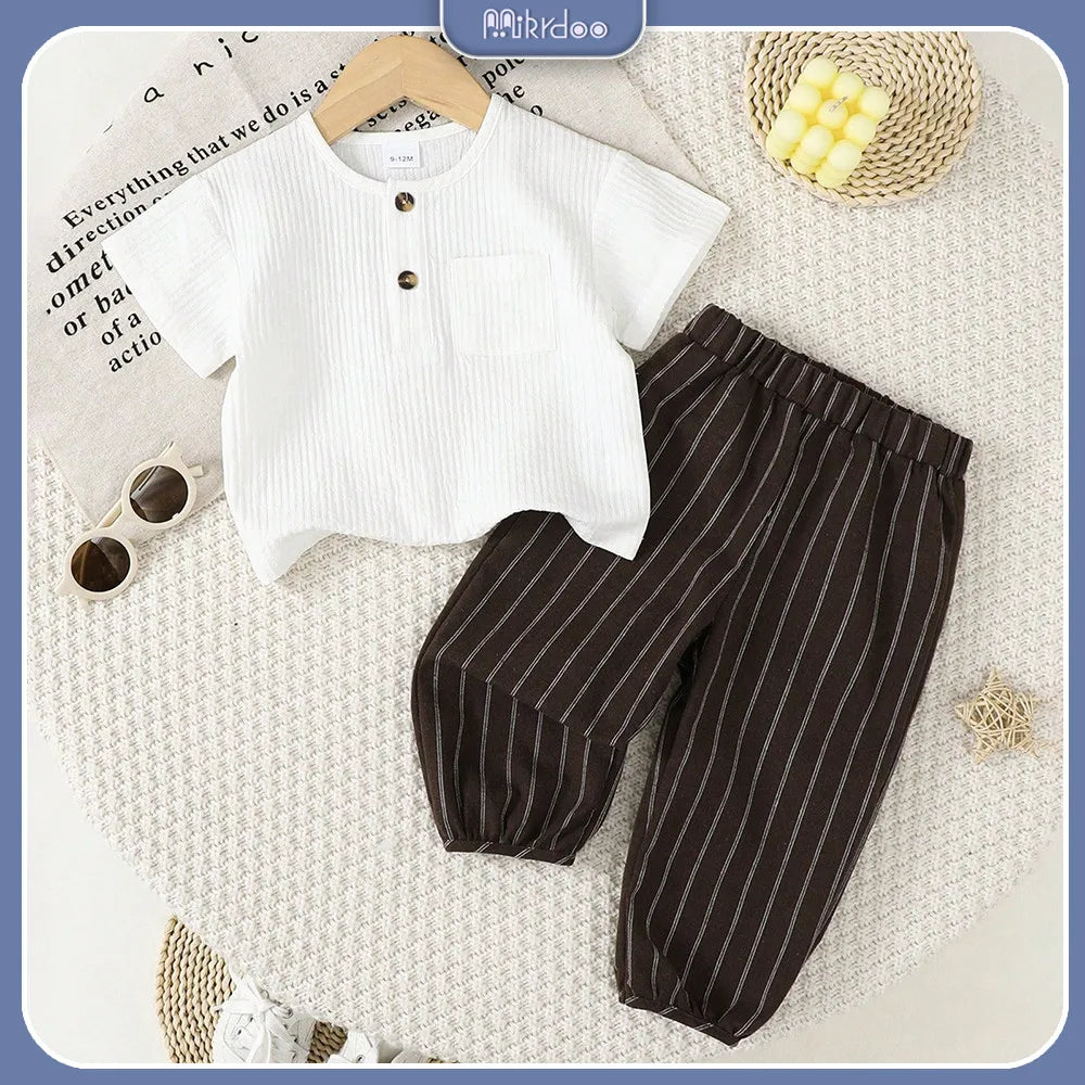 Baby Boy Summer Clothes Set Short Sleeve Top+Striped Pants 2PCS Comforts Outfits for Toddler Boy 1-3 Years Daily Wear Costume