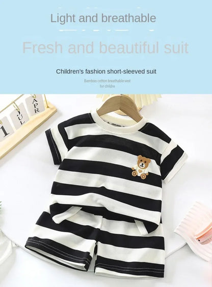 Summer Children Sets Boys Girls Short-sleeved Striped T-shirt +Shorts Set Babies Fashion Round Neck Tracksuits Kids Suits
