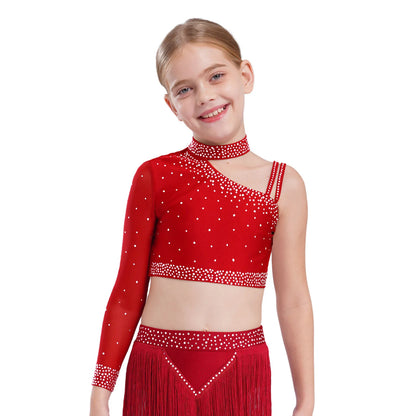 Girls Modern Dance Dress 2 Piece One-shoulder Sleeve Rhinestone Crop Top And Feather Skirts Sets Dance for Stage Performance