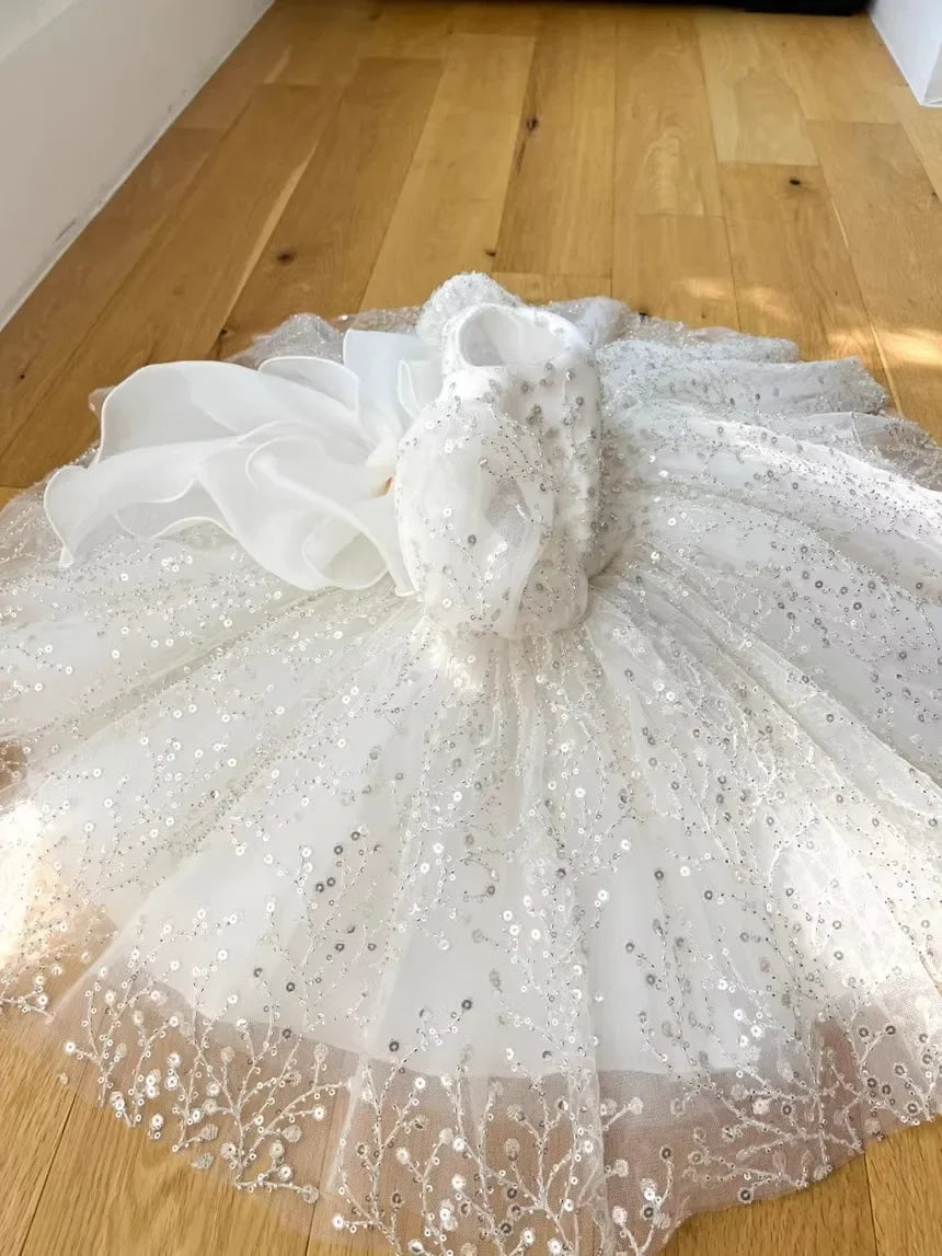 Girl's White Wedding Tutu Dress, Elegant Princess Dress for Flower Dresses Kids Vestidos Girl Birthday Party Princess Sequins
