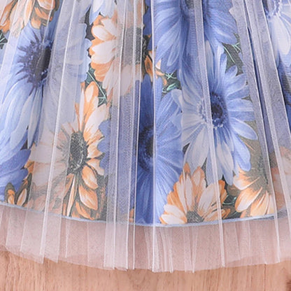Kids Dress For Girls 8-12 Years Summer Girls Blue Printed Tulle Dress Elegant Fashion Temperamental Princess Dress For Kids
