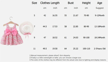 Summer Beach Party Dress for Girls Rose Red Bow Flower Print Suspender Dress Girl Casual Outdoor Outfit Sent Hat