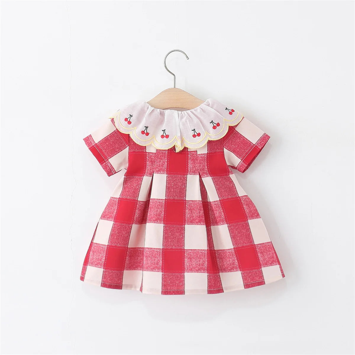Baby Girl Dresses Summer New Short Sleeved Girl Clothes Plaid Lapel Sweet Cherry Print Casual Dresses For Girls