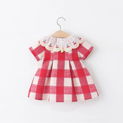 Baby Girl Dresses Summer New Short Sleeved Girl Clothes Plaid Lapel Sweet Cherry Print Casual Dresses For Girls
