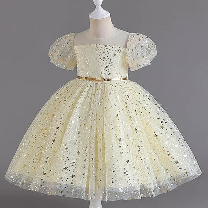 Summer Girls Dresses for Party and Wedding Lace Mesh Short Sleeve Girls Sequin Dress Fashion Girls Party Dress 4-10 Years