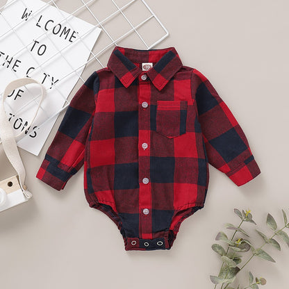 Newborn Baby Boy Bodysuit Plaid Print Long Sleeve Turn Down Collar Gentleman Shirt Jumpsuit Spring&Autumn Romper for 0-18Months