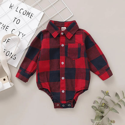 Newborn Baby Boy Bodysuit Plaid Print Long Sleeve Turn Down Collar Gentleman Shirt Jumpsuit Spring&Autumn Romper for 0-18Months