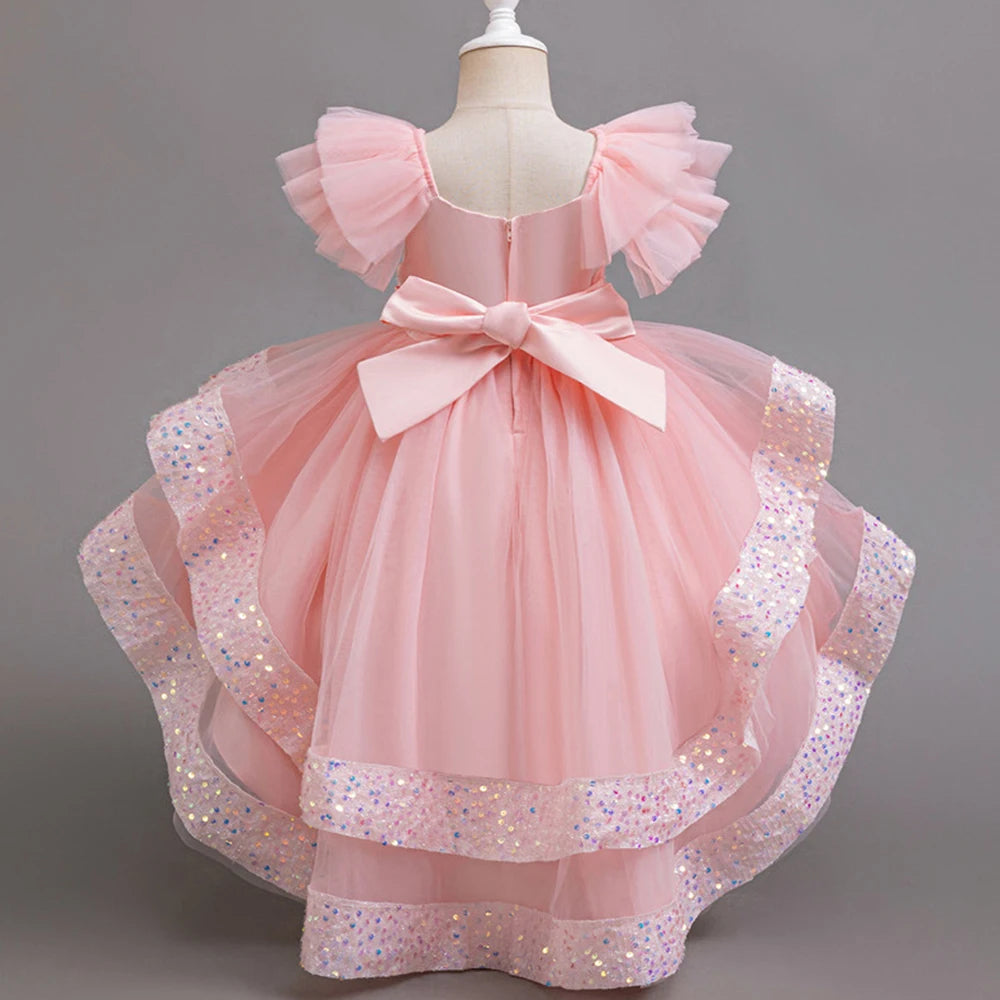 Girls Party Dresses Elegant Tulle Layered Children Long Evening Prom Gown Sequins Puffy Festive Dress for Girl