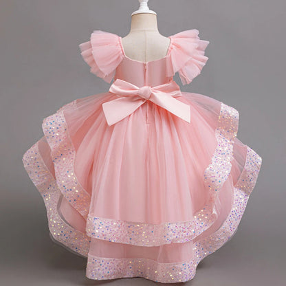 Girls Party Dresses Elegant Tulle Layered Children Long Evening Prom Gown Sequins Puffy Festive Dress for Girl