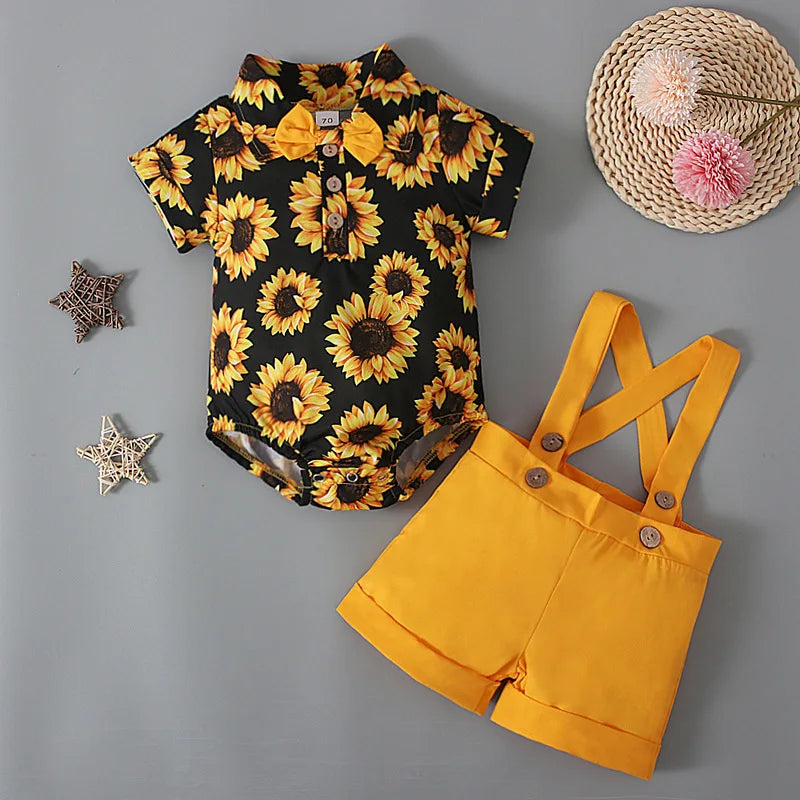 Summer Baby Clothes Set Boy Romper Bodysuit Sunflower Print Tops+Straps Pants 2Pcs Suit Kid Outfit Newborn Toddler Jumpsuit A597