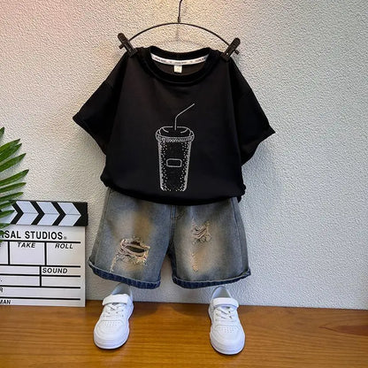 Summer Baby Boys Fashion High Quality Set Cotton Boy Short Sleeved Hole T-shirt + Denim Shorts Kids Loose Casual Clothes 2-11Y