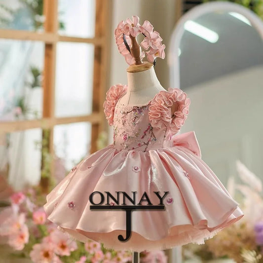 Customized Pink Cute Flower Girl Dress for Girls Wedding Party Gown Pageant Communion Robe De Demoiselle for Girls