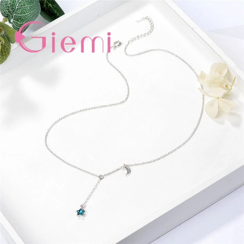 Fashion Romantic Casual Jewelry For Women Girl 925 Sterling Silver Chain Blue Star Shape Crystal Moon Wedding Birthday Accessori