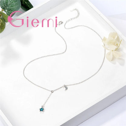 Fashion Romantic Casual Jewelry For Women Girl 925 Sterling Silver Chain Blue Star Shape Crystal Moon Wedding Birthday Accessori