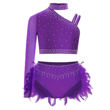 Girls Modern Dance Dress 2 Piece One-shoulder Sleeve Rhinestone Crop Top And Feather Skirts Sets Dance for Stage Performance