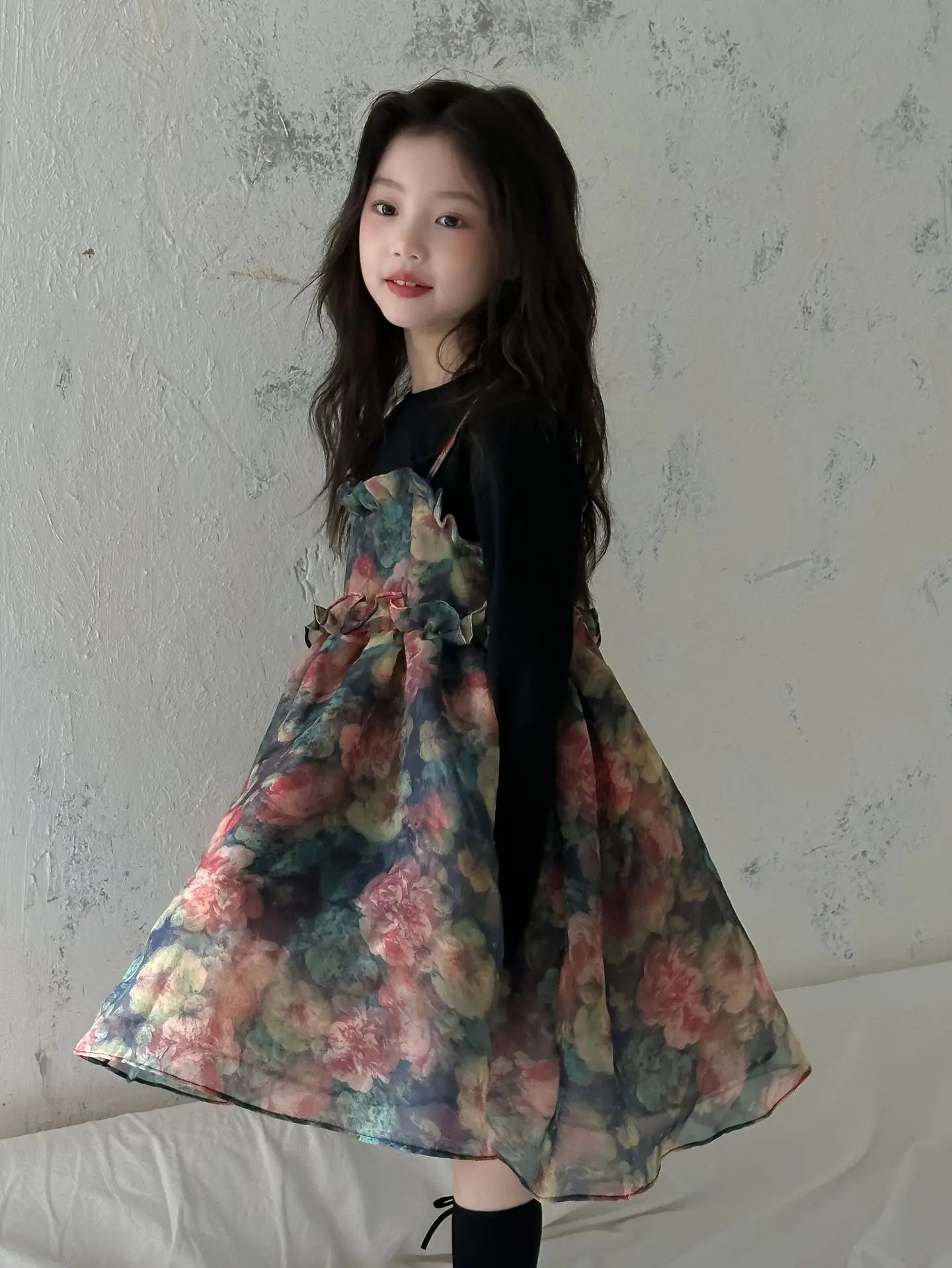 Girls Casual Dresses Autumn Girl Black T-shirt Camisole Flower Mesh Gauze Suit Princess Simple Printing Loose Beautiful 2024