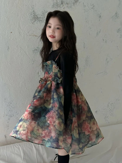 Girls Casual Dresses Autumn Girl Black T-shirt Camisole Flower Mesh Gauze Suit Princess Simple Printing Loose Beautiful 2024