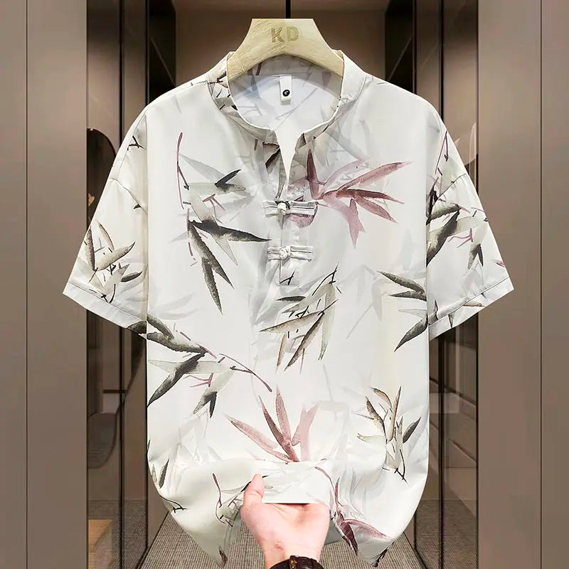 New Chinese Short-sleeved Men Trendy Versatile T-shirt in Summer Retro Stand Collar Thin Fashion Pullover (Available)