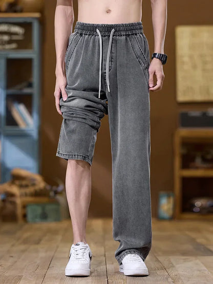 Soft Lyocell Thin Drawstring Jeans Men's Korean Cozy Casual Fashion Straight Trousers Male Streetwear Loose Denim Pants