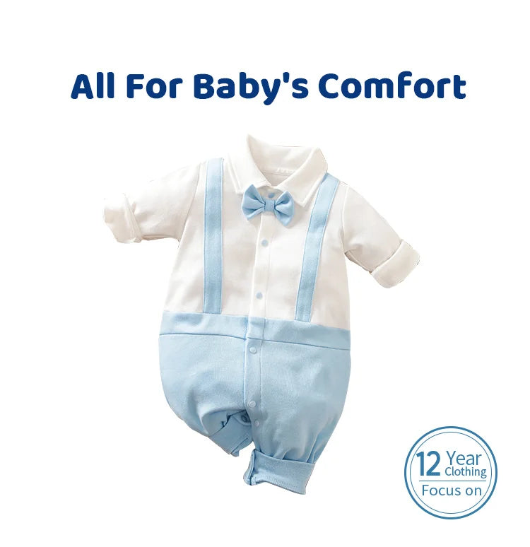 Newborn Boys Gentleman Bow Spliced Contrast False Backband Light Blue Comfortable Spring And Autumn Long Sleeved Jumpsuit