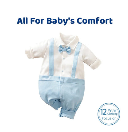 Newborn Boys Gentleman Bow Spliced Contrast False Backband Light Blue Comfortable Spring And Autumn Long Sleeved Jumpsuit