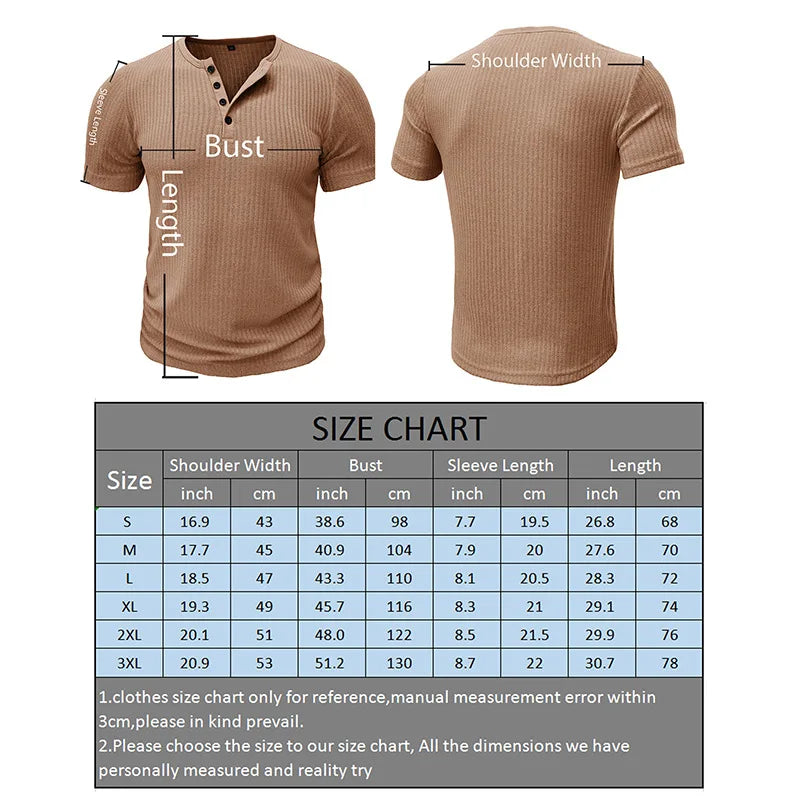 Summer Trend Men's Short Sleeve Casual T-Shirts Solid Henley Neck Button Up Pullover Tops Spring Turn Down Collar Basic Shirt (Available)