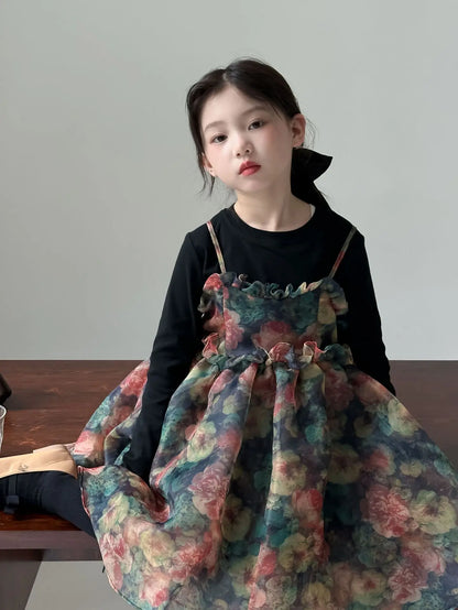 Girls Casual Dresses Autumn Girl Black T-shirt Camisole Flower Mesh Gauze Suit Princess Simple Printing Loose Beautiful 2024