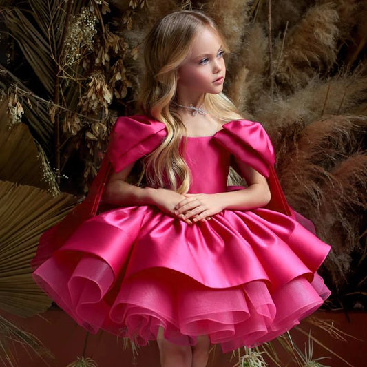 Fashion Big Bow Girls Party Dress Formal Pink Wedding Bridesmaid Birthday Princess Dresess for Girl Gala Christmas Kids Clothes