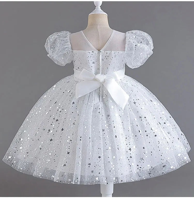 Summer Girls Dresses for Party and Wedding Lace Mesh Short Sleeve Girls Sequin Dress Fashion Girls Party Dress 4-10 Years