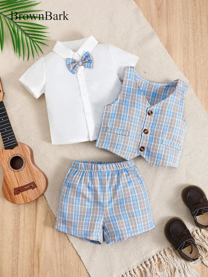 Summer 0-2 Years Old  Infant  Boys Lapel  Bow  Checkered Gentleman's Short  Sleeved  Casual  3 Pieces Suit