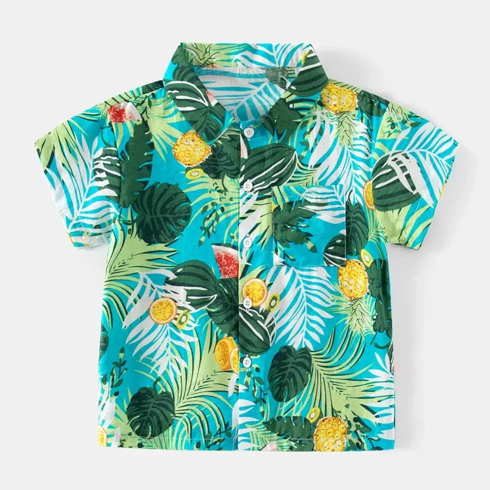 Summer Boys Shirt Hawaiian Beach Graphic Print Children's Blouse Casual Short Sleeve Holiday Lapel Top Girl Blouse Kids Clothes