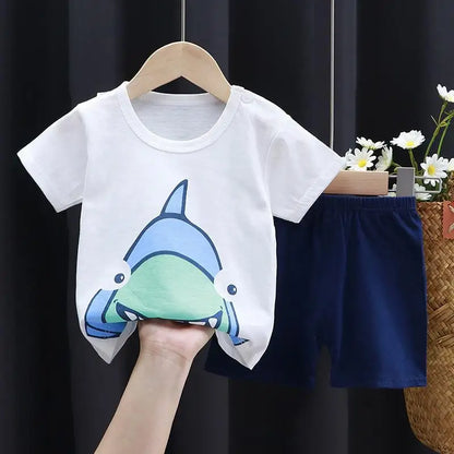 Boys Summer Costume New Short Sleeve Tshirt Shorts Baby Girls Small Car Print Tees 2PCS Trendy New Style Tracksuits Outer Wear
